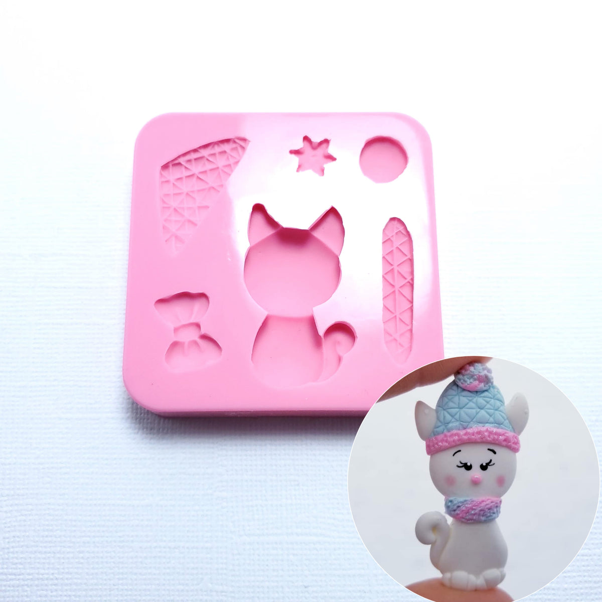 Winter Cat Silicone Mold for Fondant, Resin, Clay, Miniatures, Jewelry Making